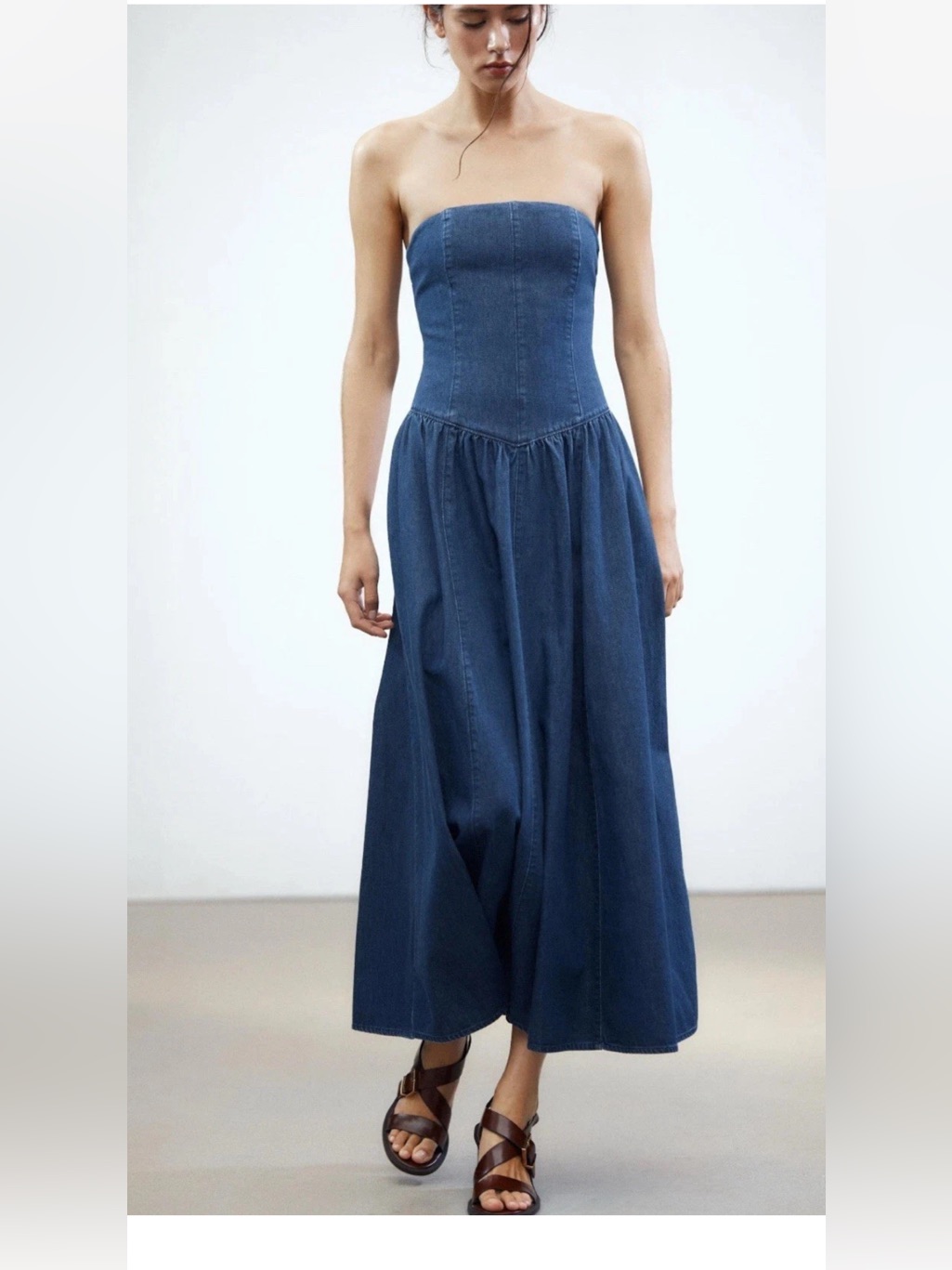 Zara Strapless Denim Maxi Dress In Dark Blue